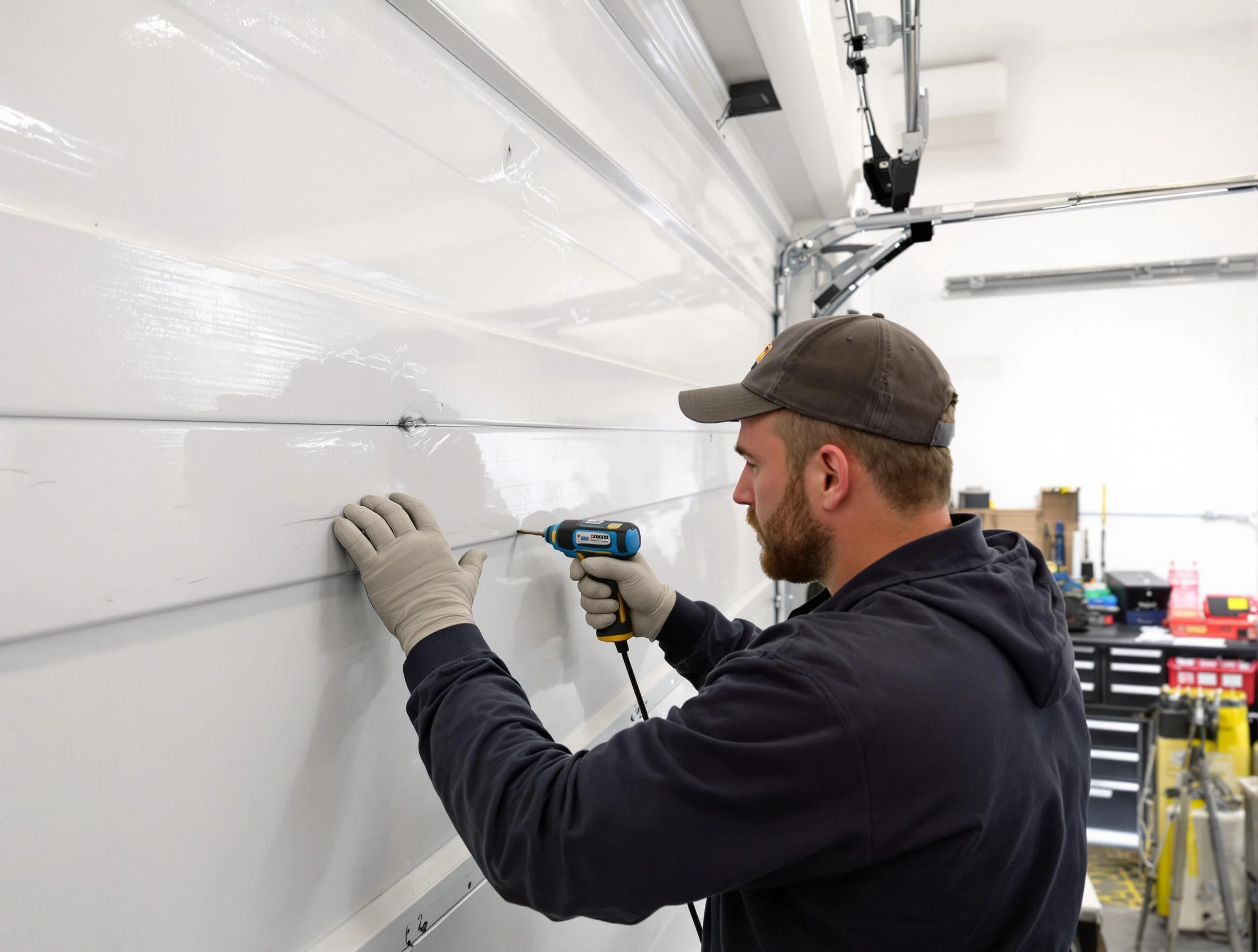 Manville Garage Door Repair technician demonstrating precision dent removal techniques on a Manville garage door